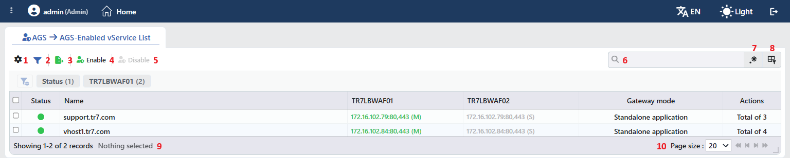 vService Listing Screen