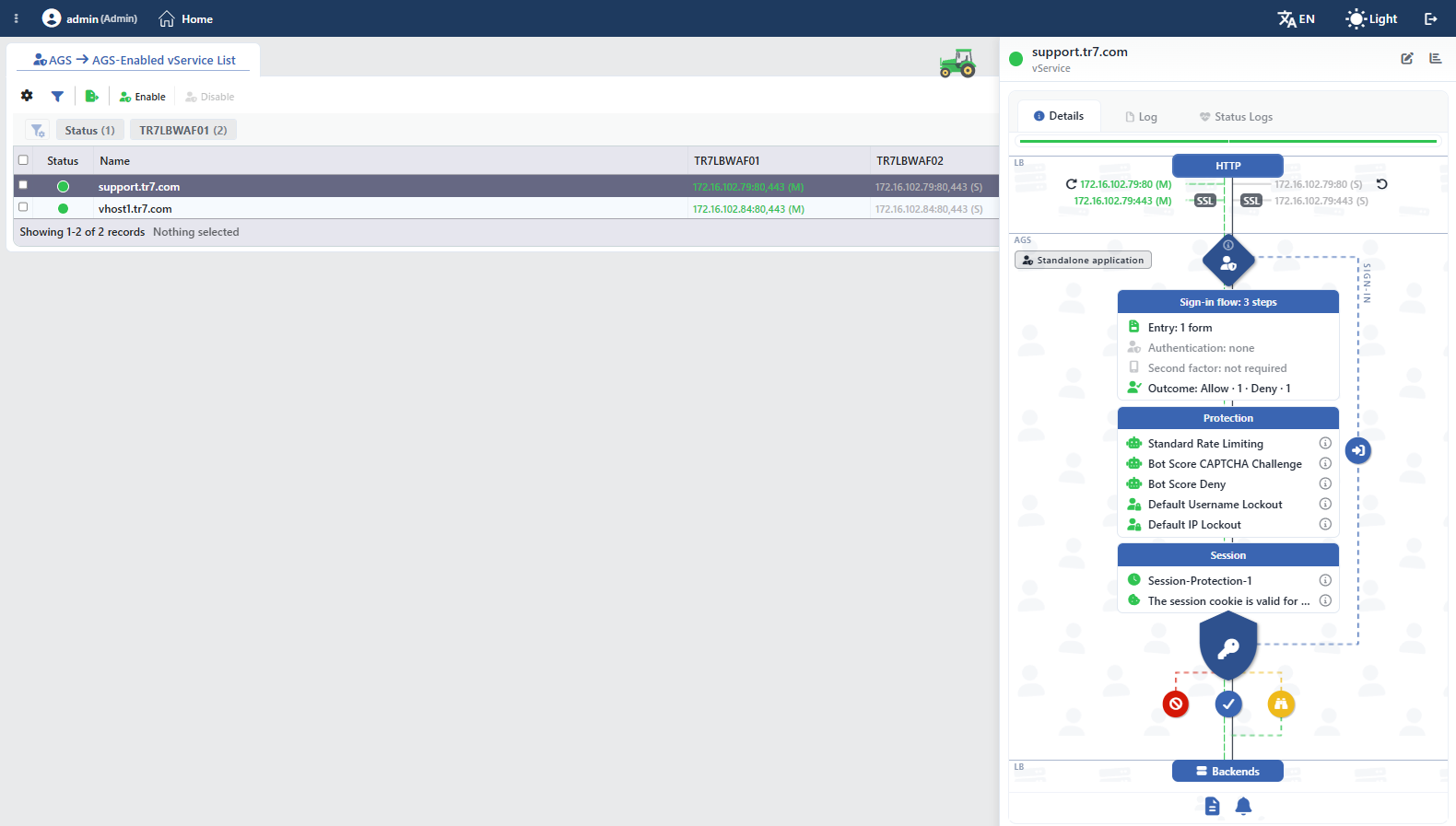 Preview of the Selected vService