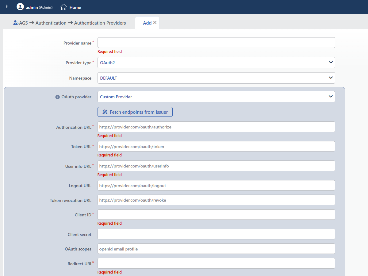 The Form While OAuth2 Is Selected (Custom Provider)
