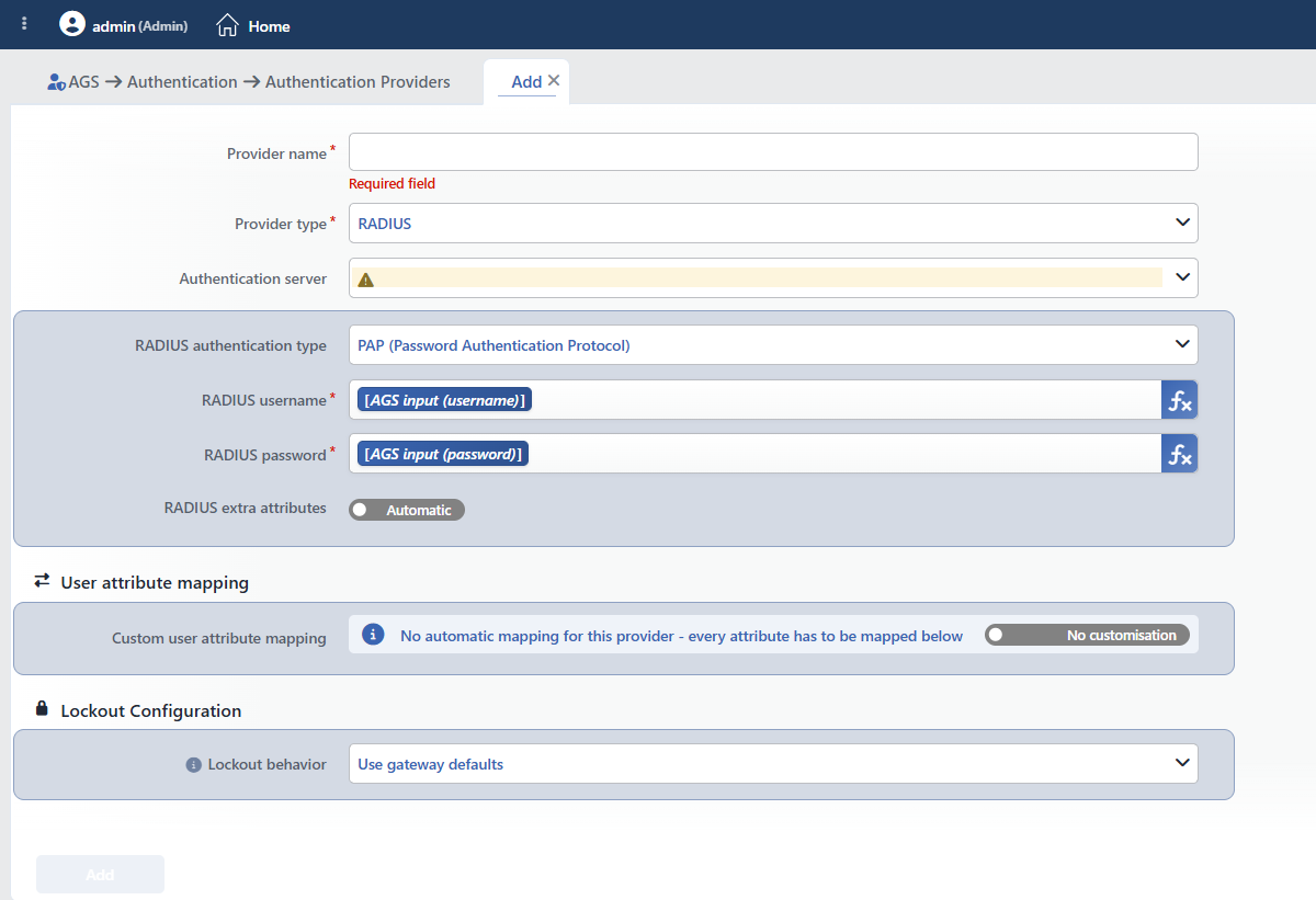 The Form While RADIUS Is Selected