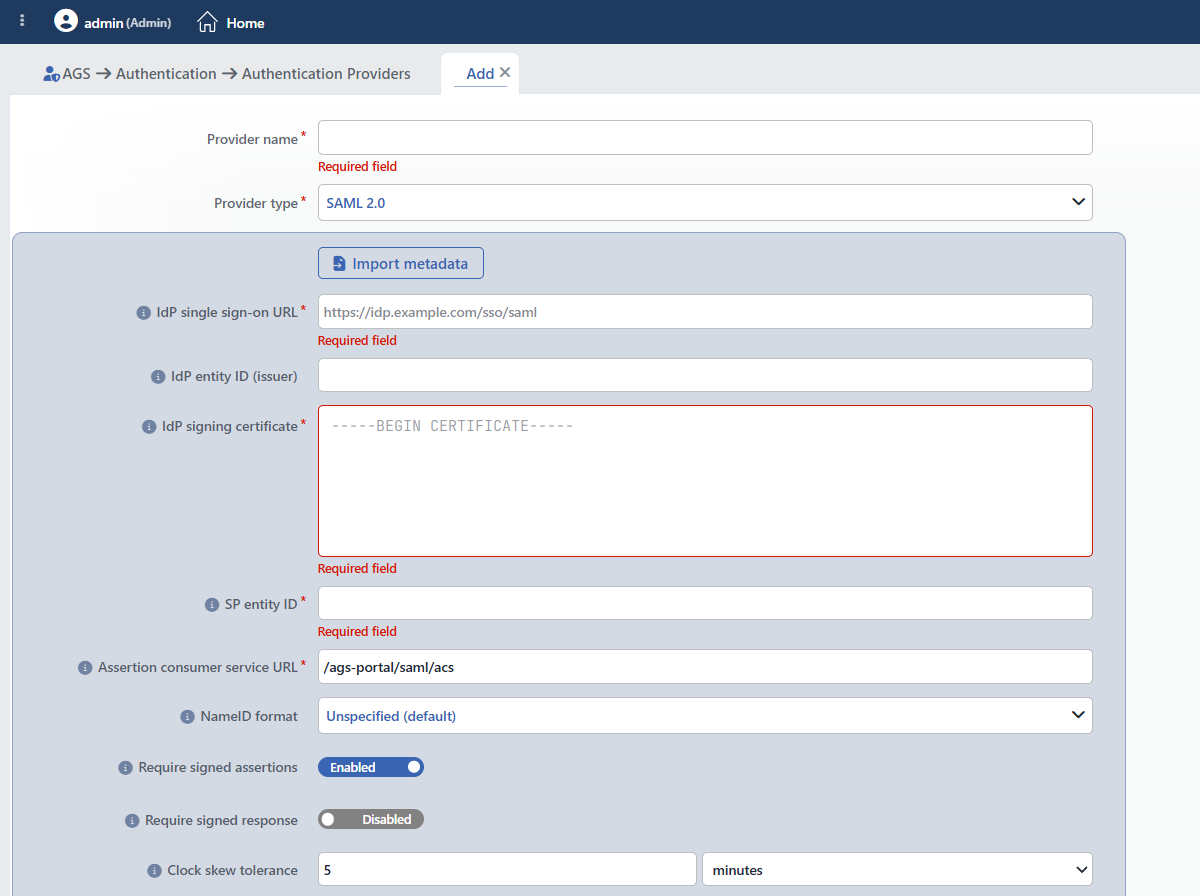 The Form While SAML 2.0 Is Selected