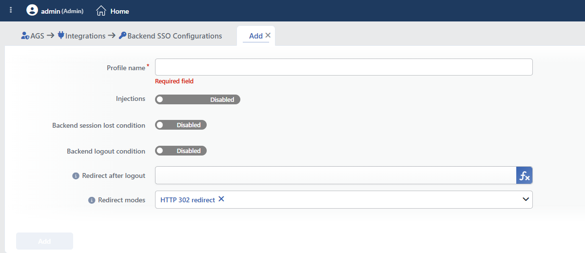 Backend SSO Configurations Profile Add Form