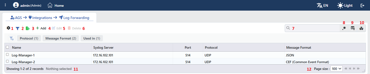 Log Forwarding Profiles Listing Form