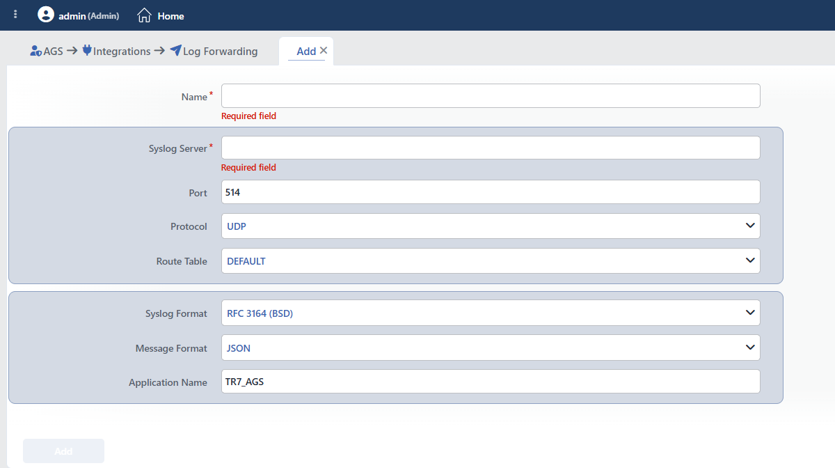 Log Forwarding Profile Add Form