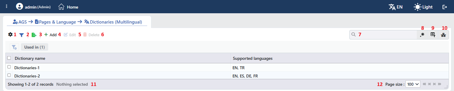 Dictionaries (Multilingual) Profiles Listing Form