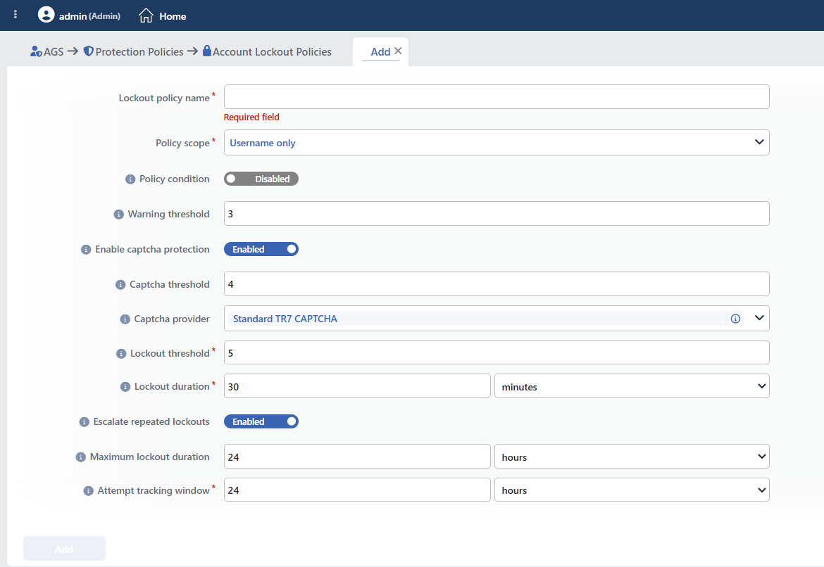 Account Lockout Policies Profile Add Form