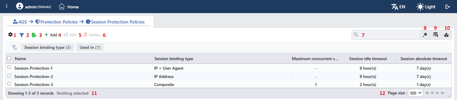 Session Protection Policies Profiles Listing Form