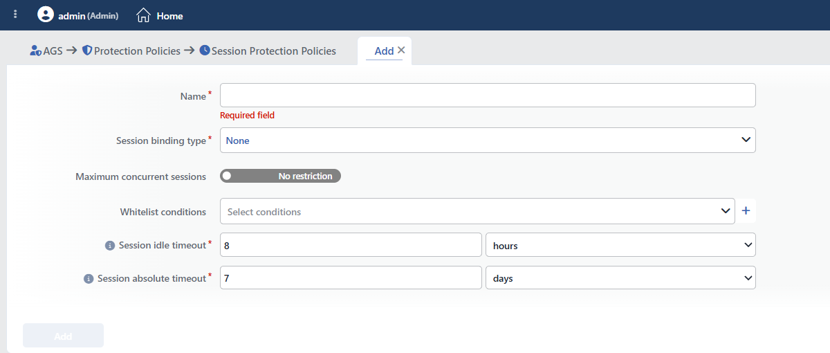 Session Protection Policies Profile Add Form