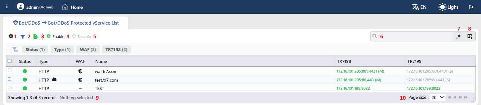 The vService Listing Screen