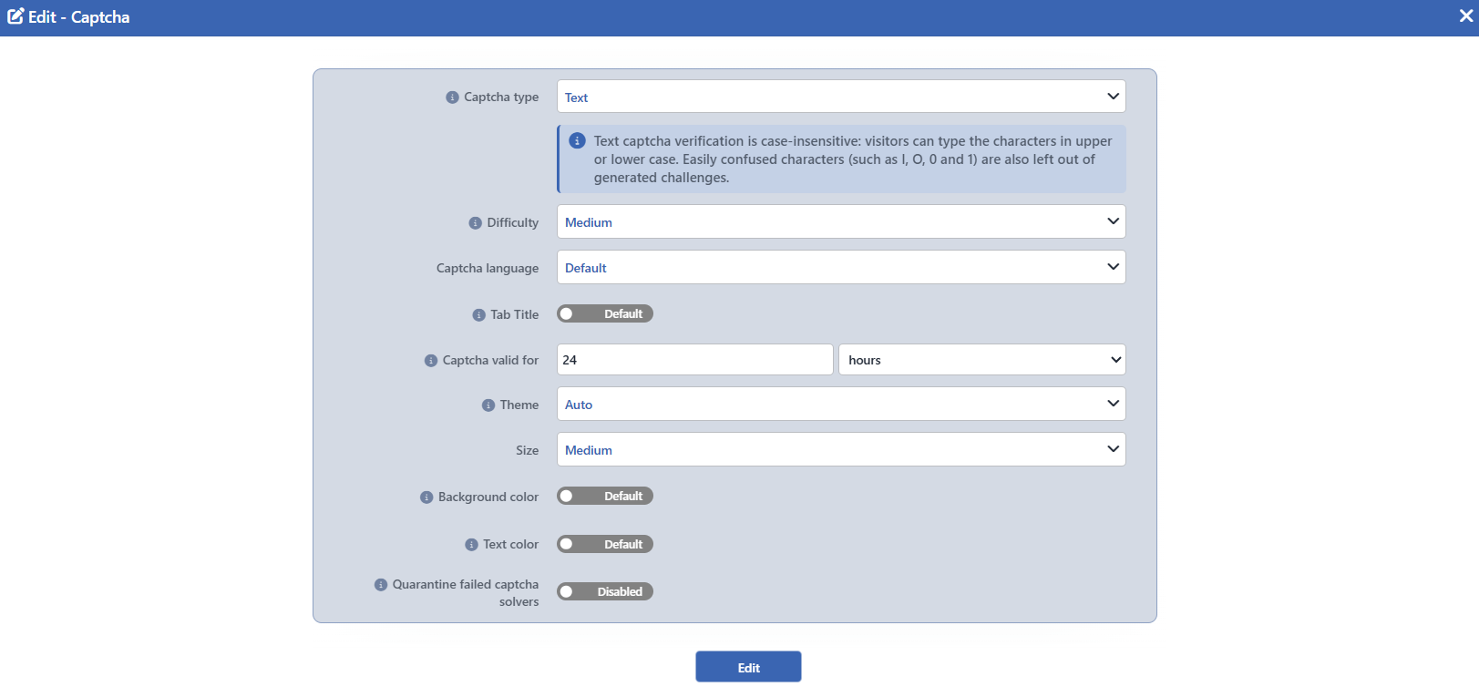 The Captcha Edit Screen