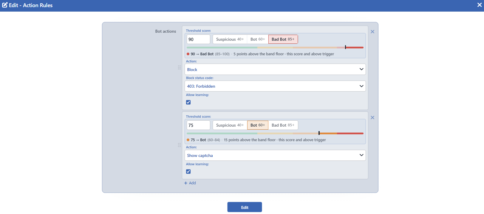 Bot Protection - The Action Rules Edit Screen