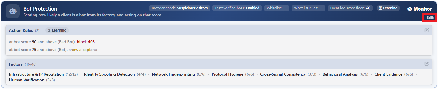The Edit Link on the Bot Protection Card