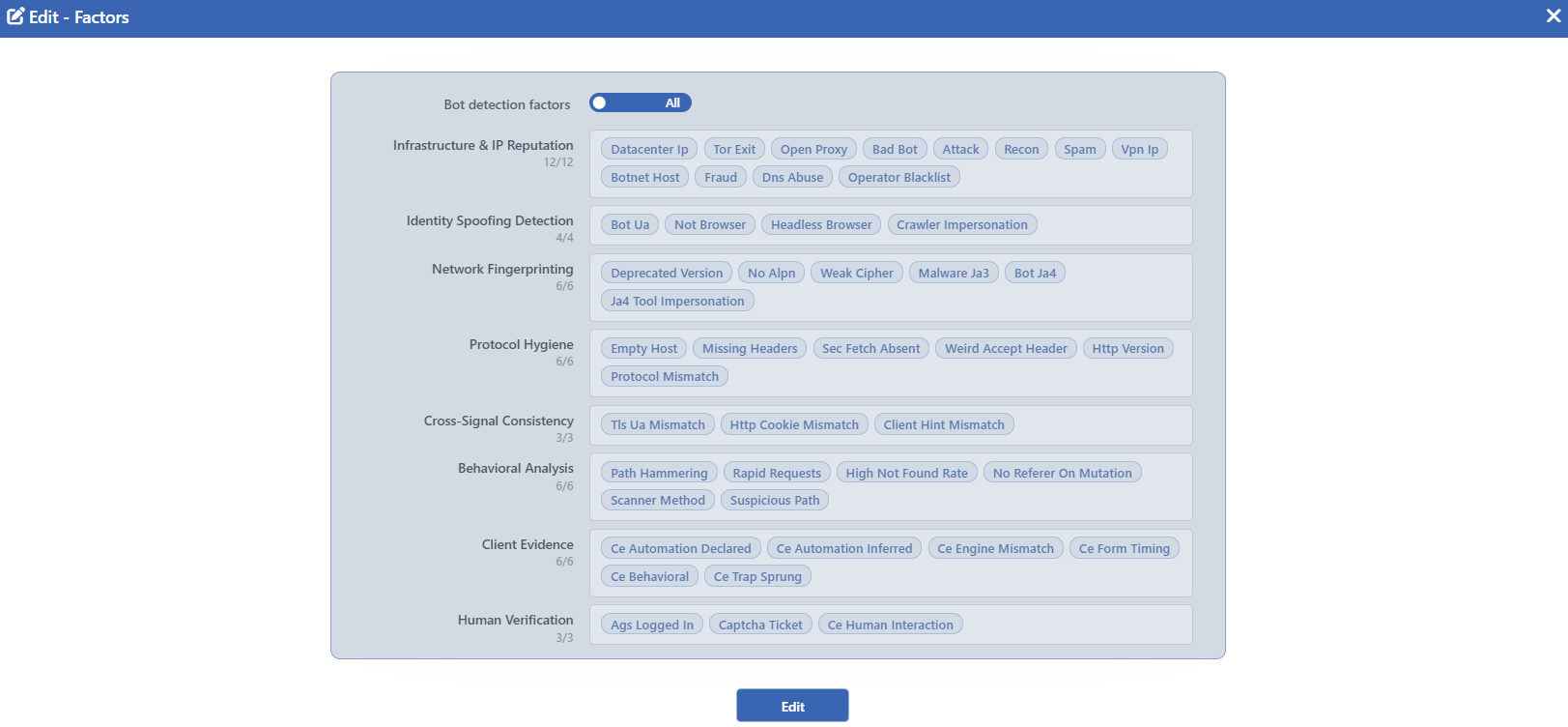 Bot Protection - The Factors Edit Screen