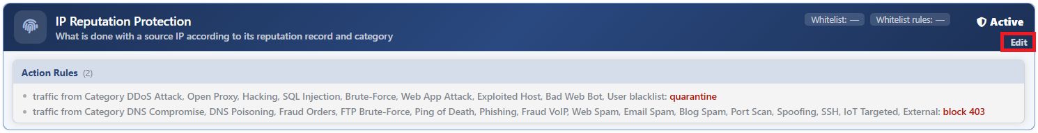 The Edit Link on the IP Reputation Protection Card