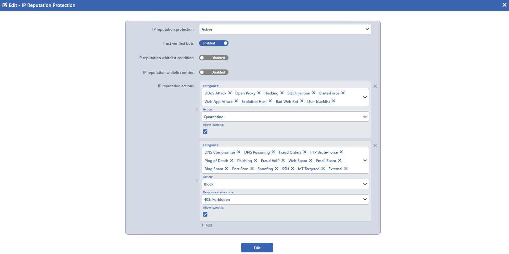 The IP Reputation Protection Edit Screen