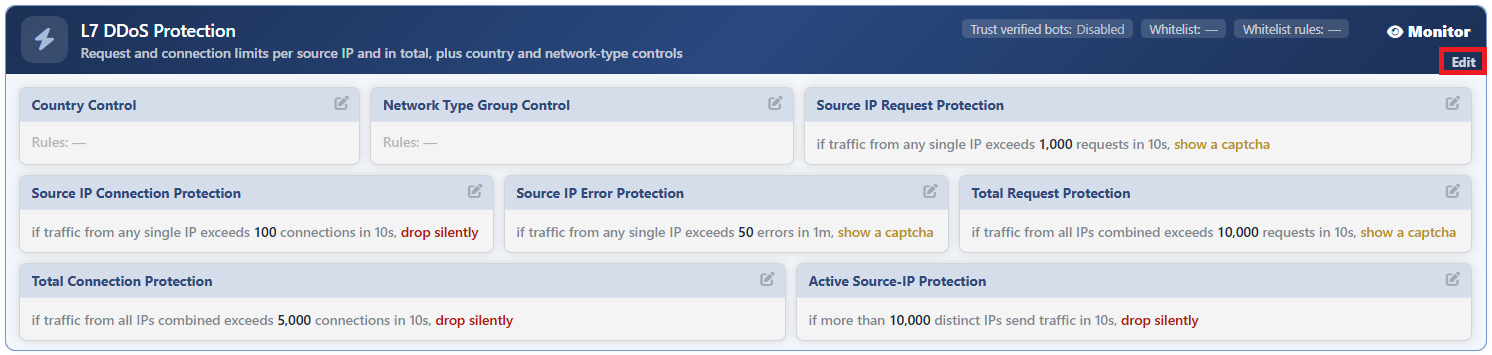 The Edit Link on the L7 DDoS Protection Card
