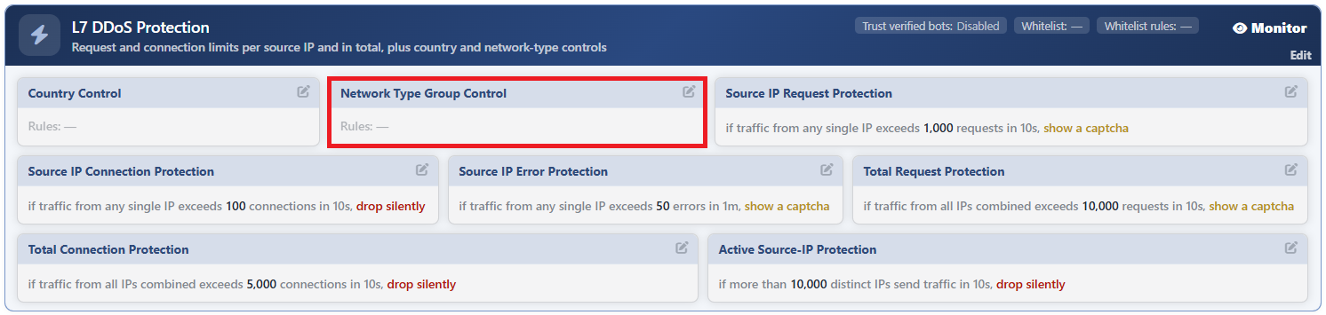 L7 DDoS Protection - The Network Type Group Control Card