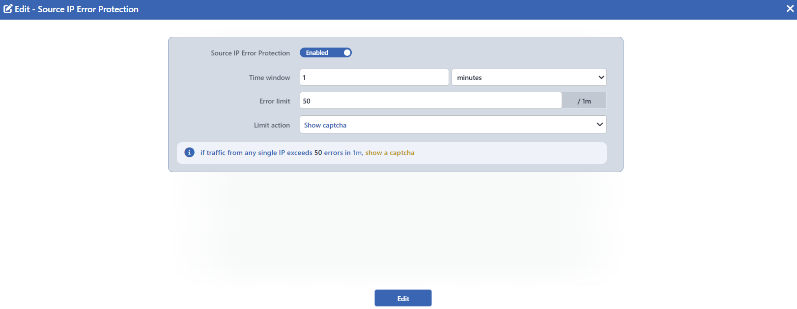 The Source IP Error Protection Edit Screen
