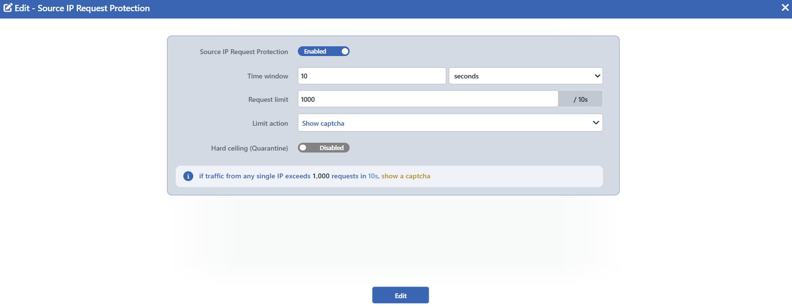 The Source IP Request Protection Edit Screen