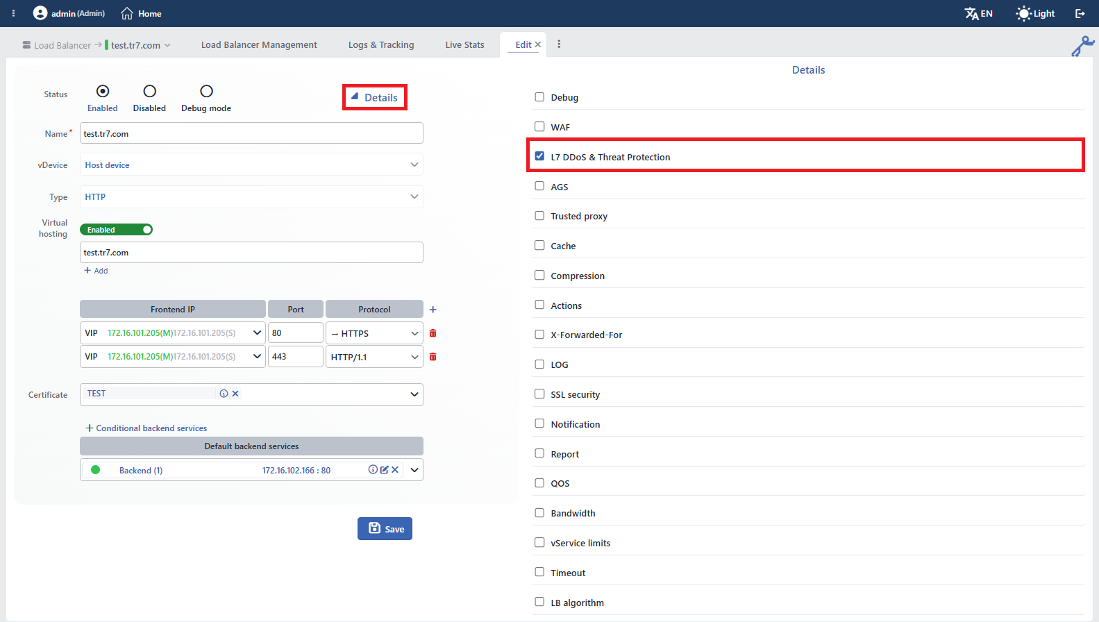 The Bot/DDoS Selection on the vService Edit Screen