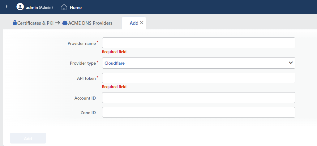 The ACME DNS Providers Profile Add Form