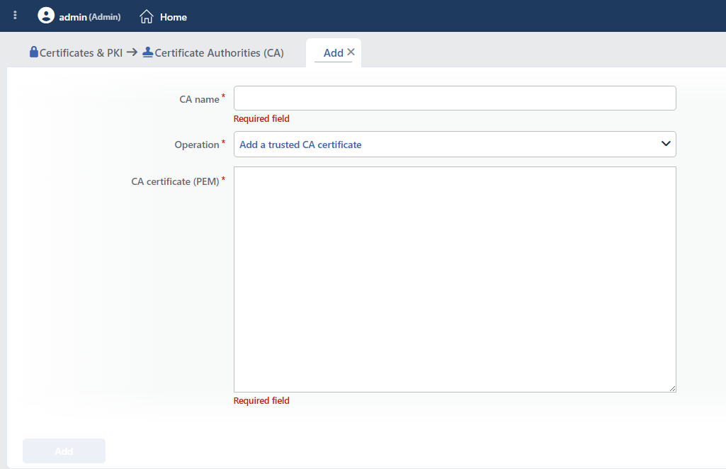 The Certificate Authorities (CA) Record Add Form