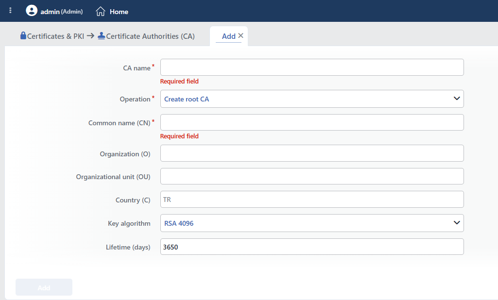 The Fields in the Create Root CA Selection