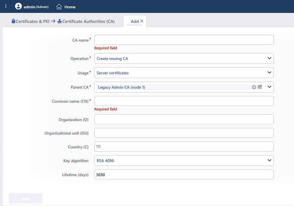 The Fields in the Create Issuing CA Selection