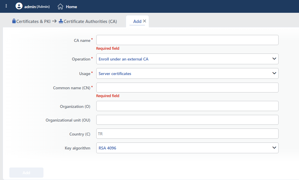 The Fields in the Enroll under an External CA Selection