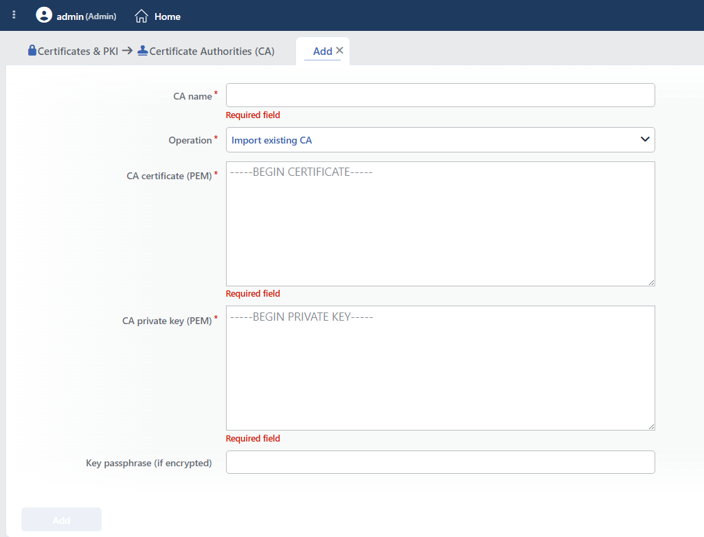 The Fields in the Import Existing CA Selection