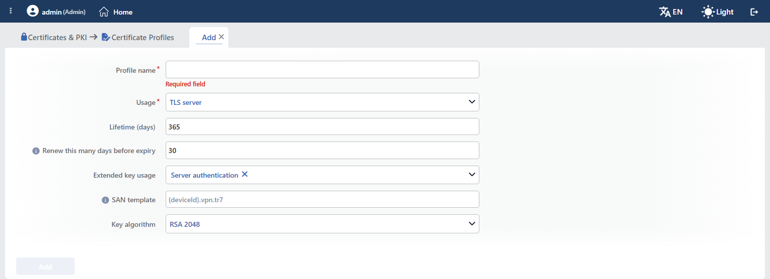 The Certificate Profiles Profile Add Form