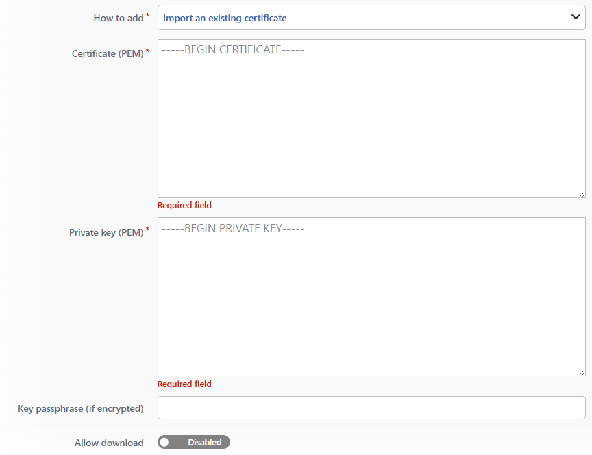 The Fields in the Import an Existing Certificate Selection