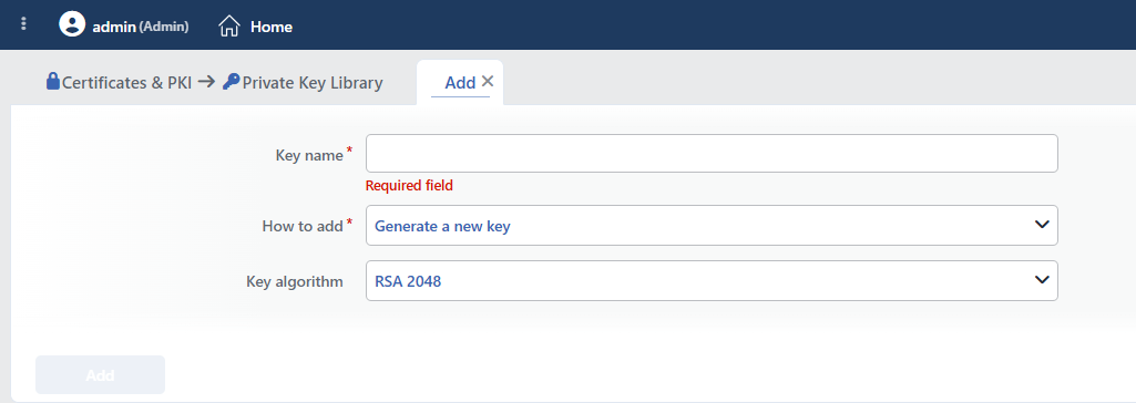The Private Key Library Key Add Form
