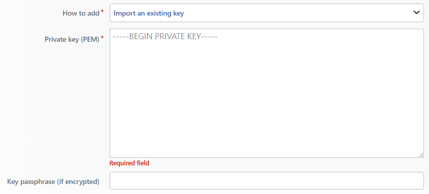The Fields in the Import an Existing Key Selection