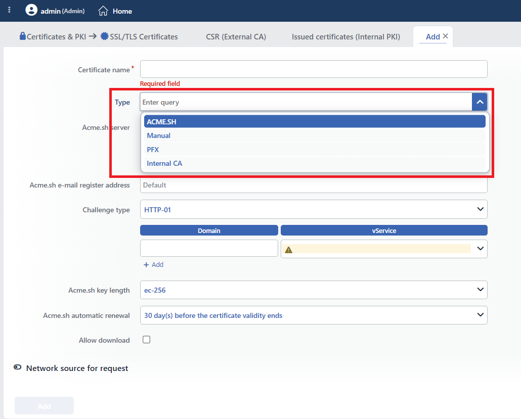 The SSL/TLS Certificates Certificate Adding Form