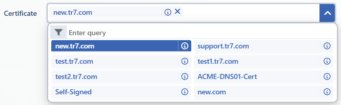 The Certificate Selection Drop-down Menu on the vService Editing Screen