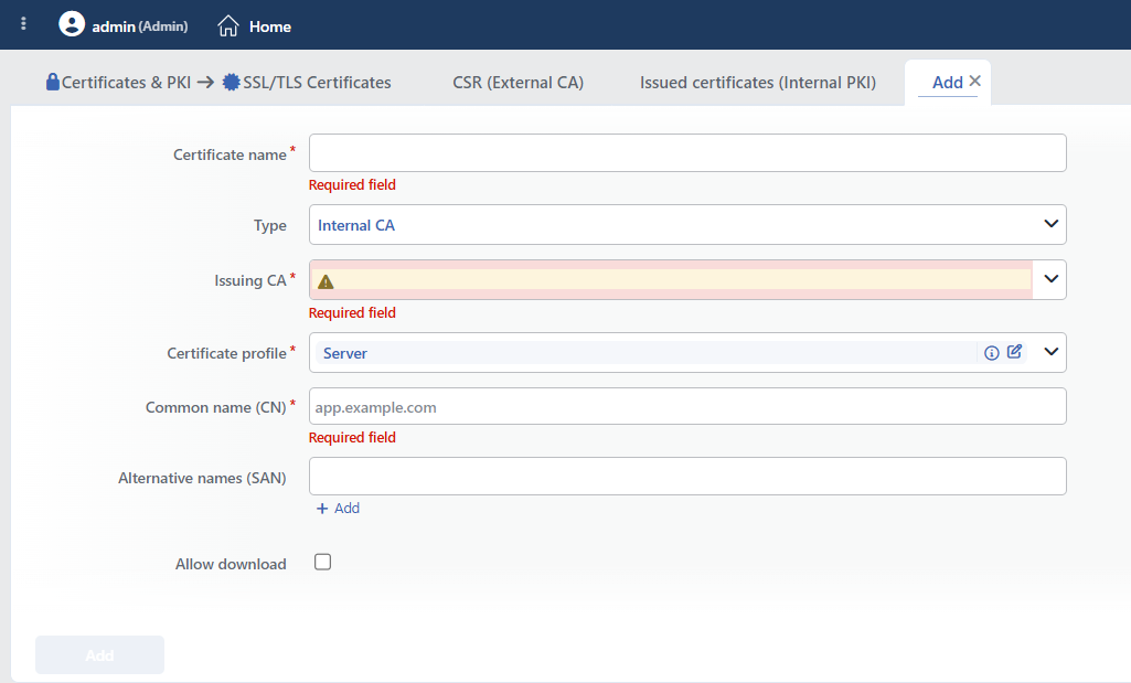 The Type > Internal CA Adding Form