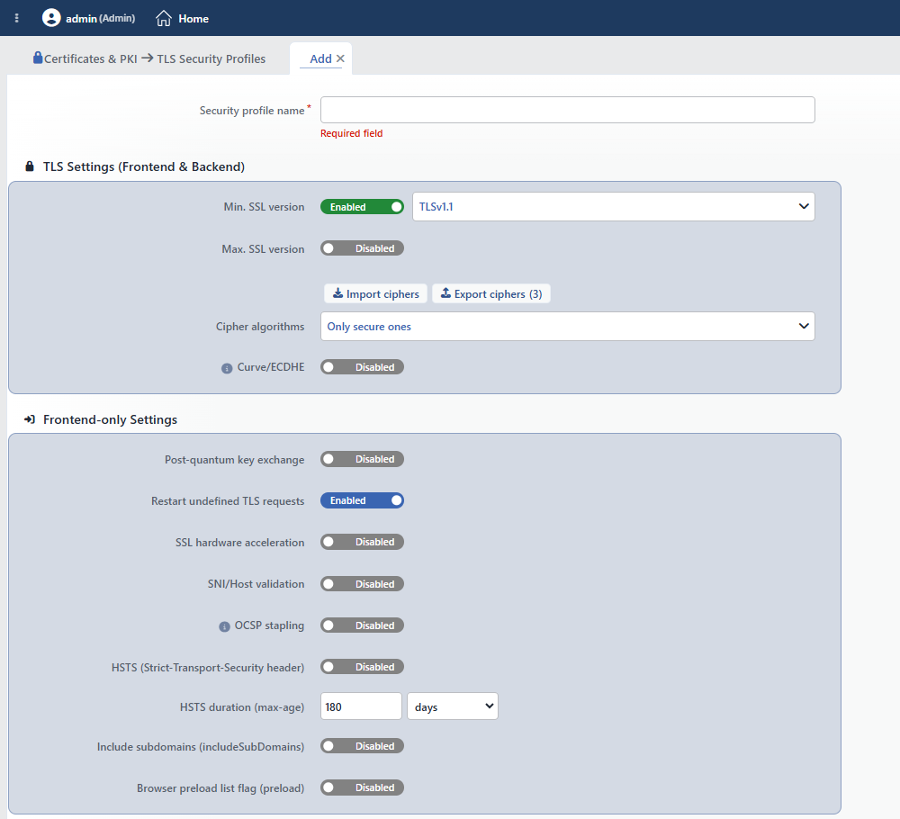 The TLS Security Profiles Profile Add Form