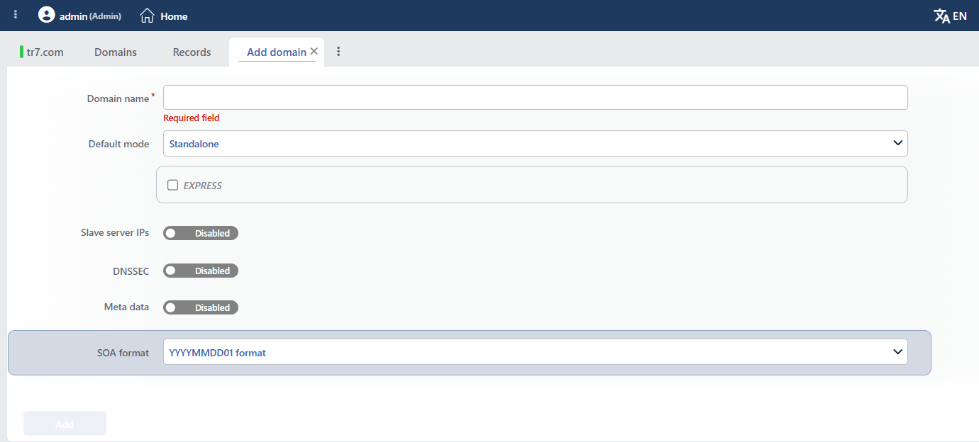 Domain Name Add Form