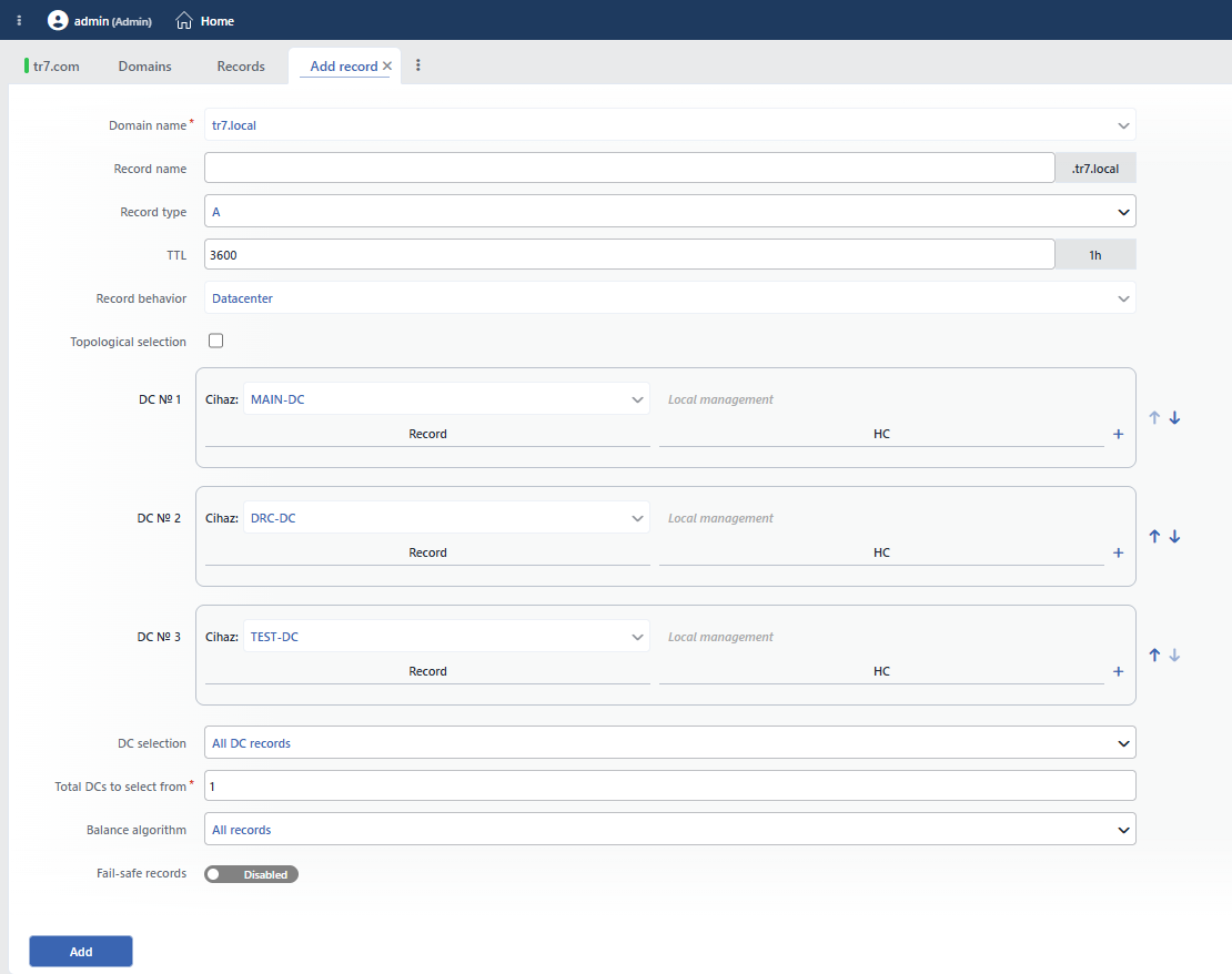 DNS Record Add Form: Datacenter