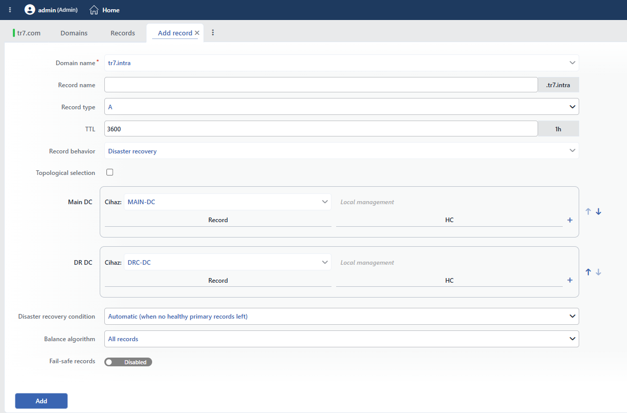 DNS Record Add Form: Disaster Recovery