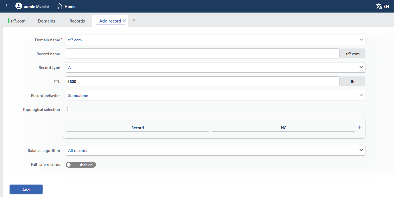 DNS Record Add Form