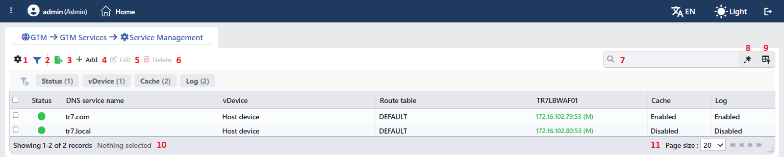 DNS Services Listing Screen