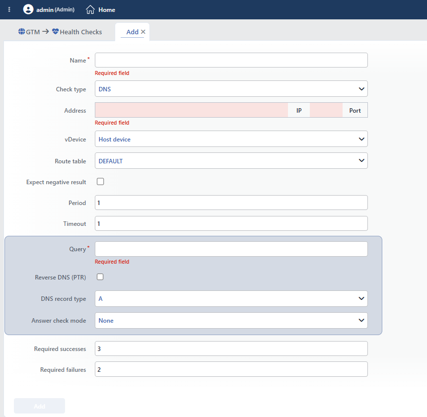 DNS HC Add Form