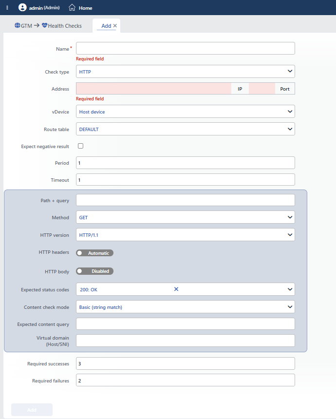HTTP HC Add Form