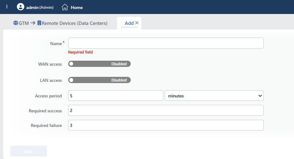 Remote Data Center Add Form