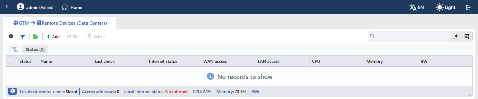 Remote Data Centers Listing Screen - Default