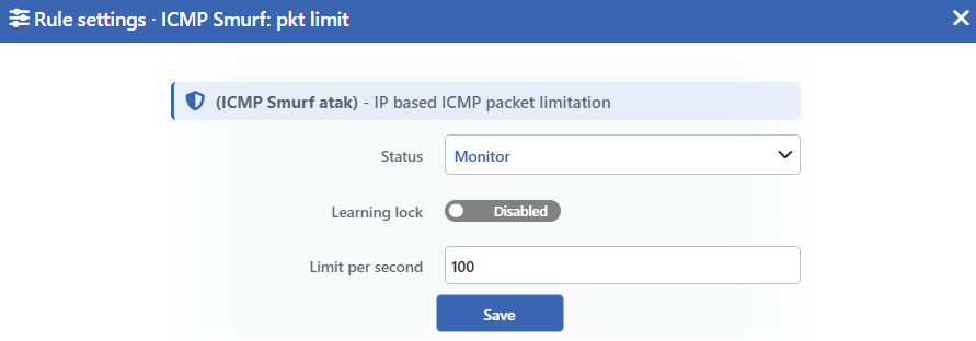 ICMP Smurf: Pkt Limit Edit Screen