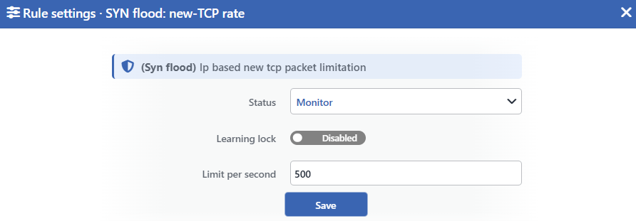 SYN Flood: New-TCP Rate Edit Screen