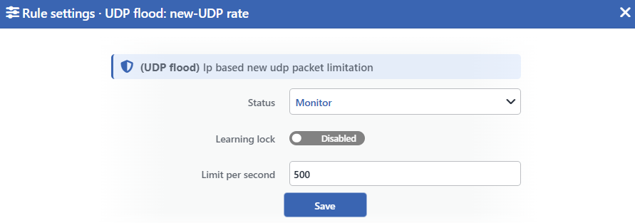 UDP Flood: New-UDP Rate Edit Screen